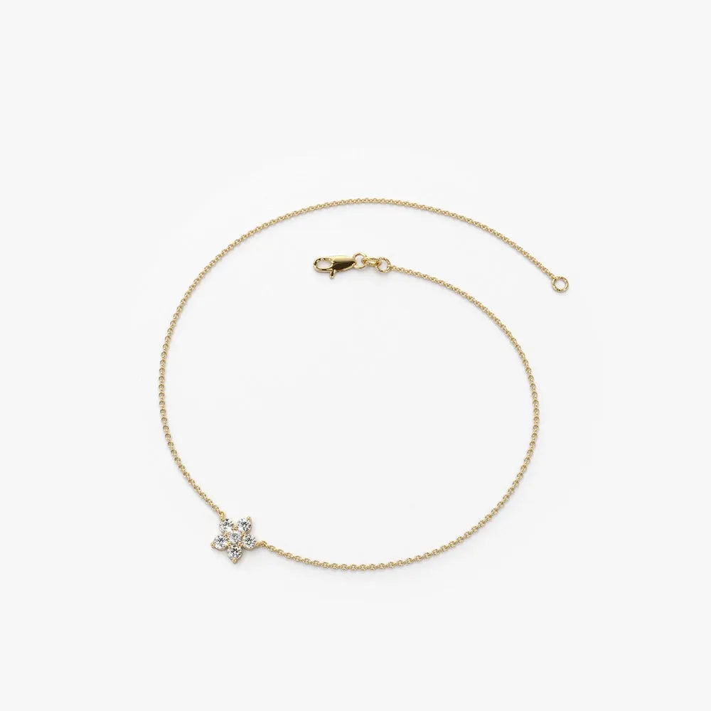 14K Solid Gold 0.18 CTW Round Diamond Flower Charm Prong Set Bracelet