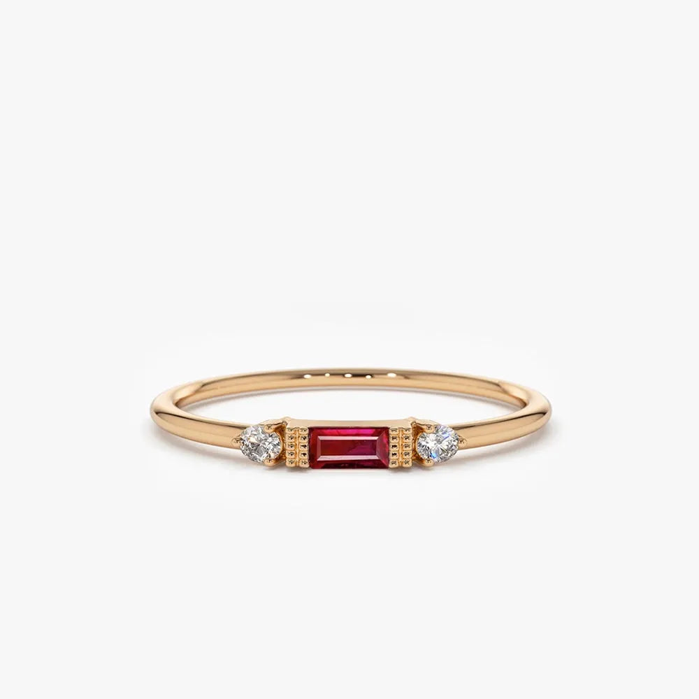 14k Gold Ruby and Diamond Baguette and Round Cut Ring Channel and Prong Setting 0.14 ctw