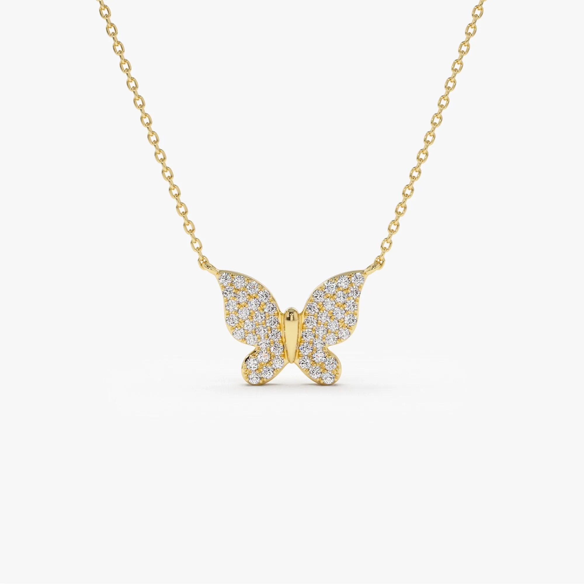 14K Solid Gold Round Diamond Pave Butterfly Pendant Necklace 0.29ctw