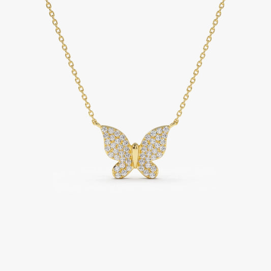 14K Solid Gold Round Diamond Pave Butterfly Pendant Necklace 0.29ctw