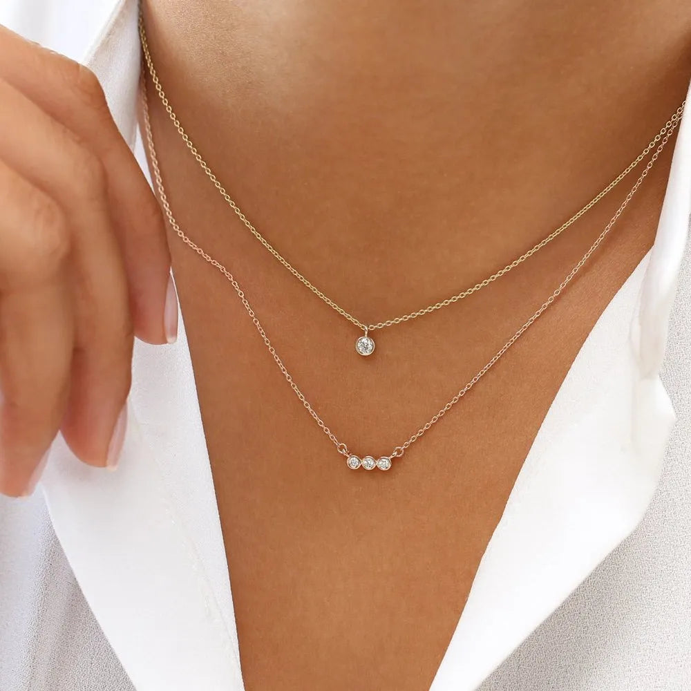 14K Solid Gold Round Diamond 3 Stone Horizontal Bezel Set Minimalist Necklace 0.10cttw