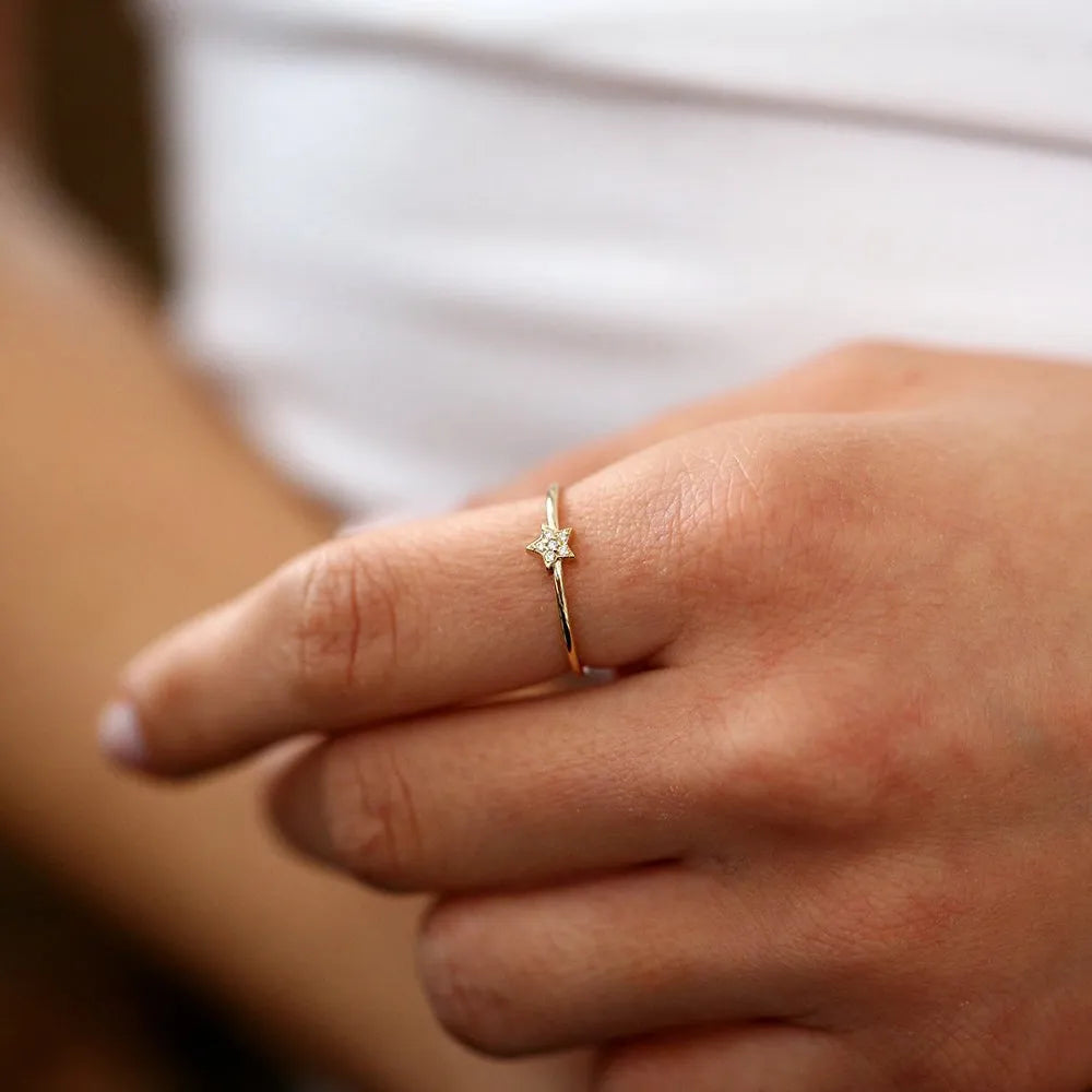 14K Solid Gold Round Diamond Star Shaped Stackable Ring