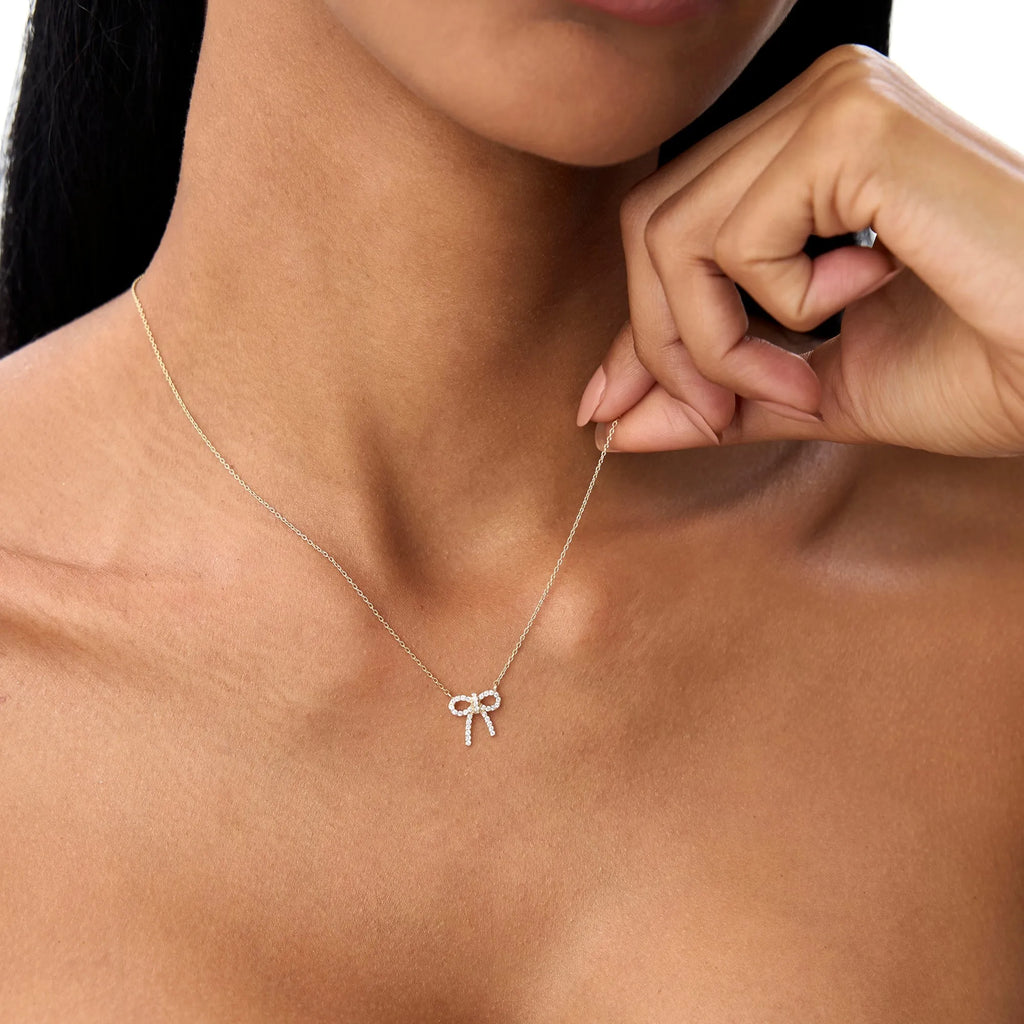14K Solid Gold 0.17 CTW Round Diamond Bow Necklace Prong Setting