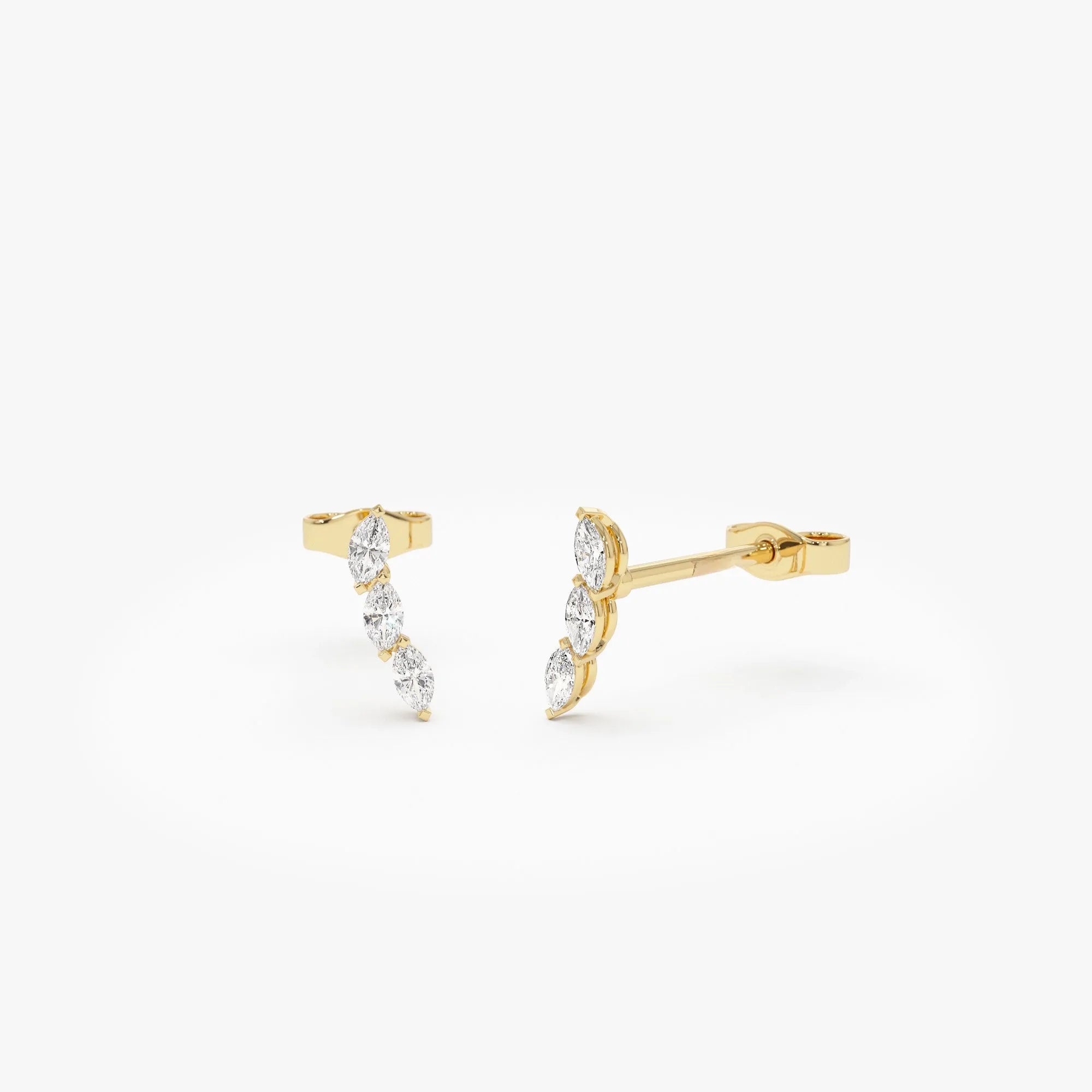 14k Gold Diamond Marquise Cut Three Stone Stud Earrings 0.18 ctw