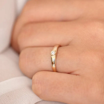 14k Solid Gold 0.07ctw Round Cut Diamond Dome Bezel Set Ring