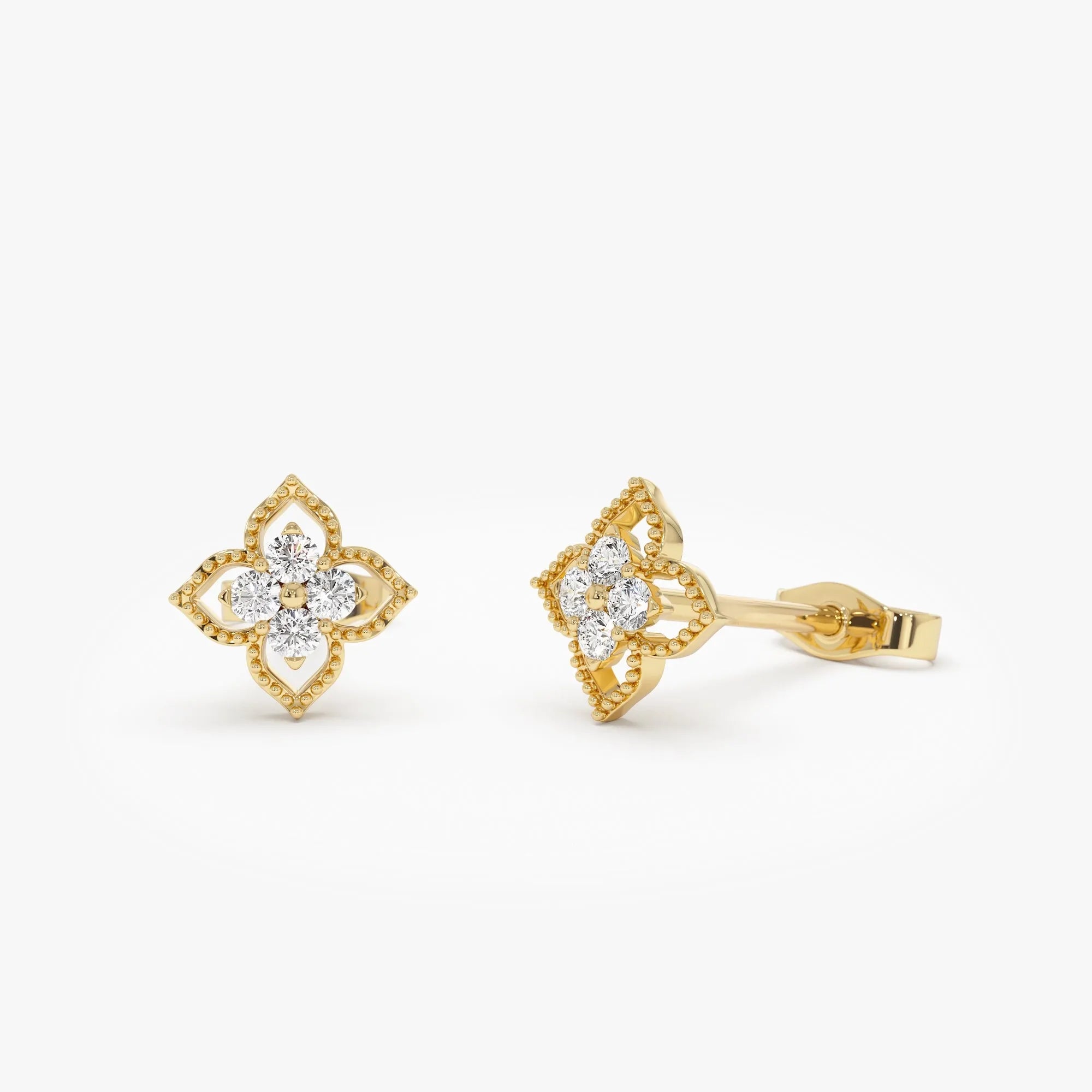 14k Gold Diamond Round Cut Floral Cluster Stud Earrings 0.12 ctw