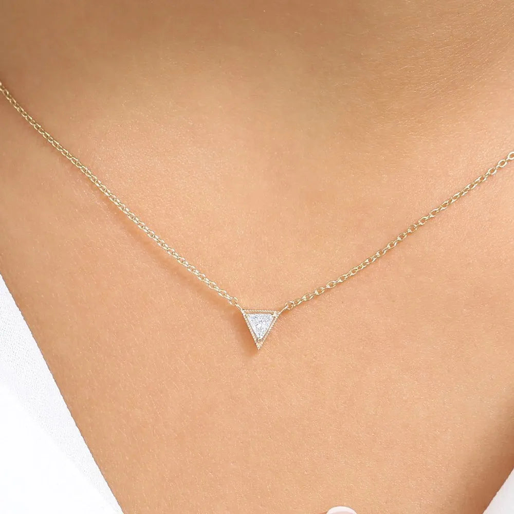 14K Solid Gold Triangle Cut Diamond Solitaire Necklace Micro Prong Setting 0.15ctw
