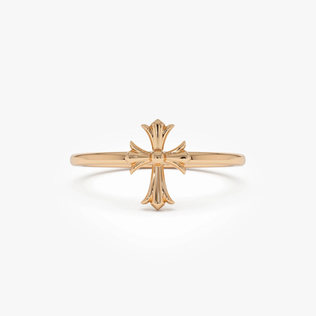 14k Gold Cathedral Cross Ring Wide Band with 9.2mm Motif