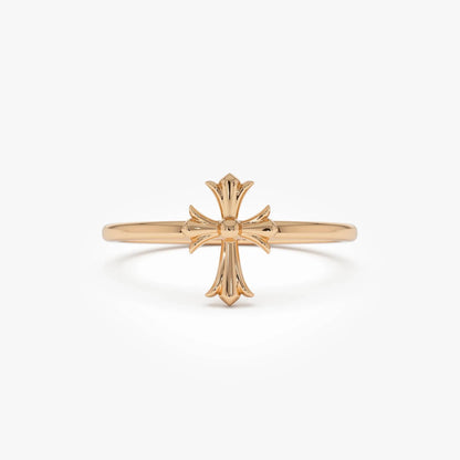 14k Gold Cathedral Cross Ring Wide Band with 9.2mm Motif