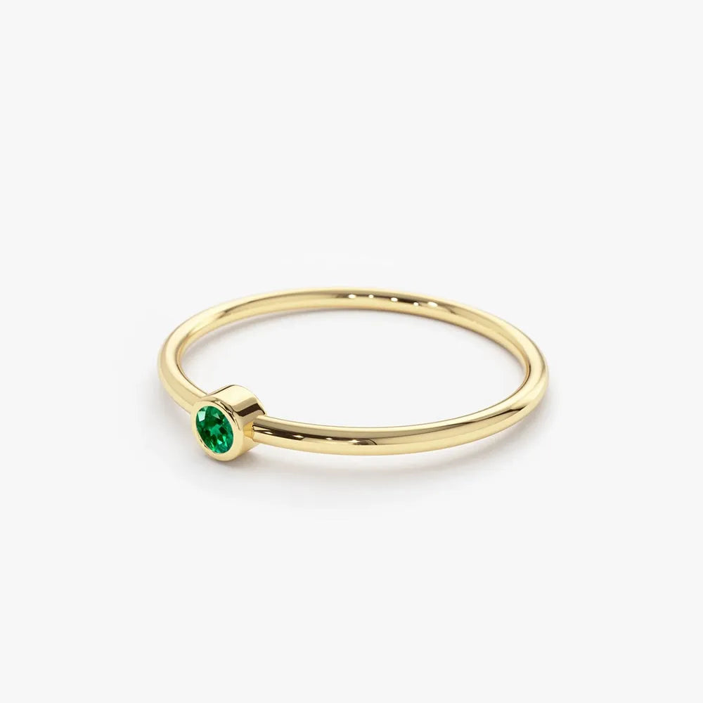 14K Solid Gold Round Emerald Solitaire Bezel Set Ring 0.08 CTW Handcrafted Jewelry