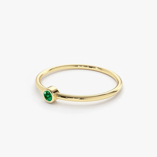 14K Solid Gold Round Emerald Solitaire Bezel Set Ring 0.08 CTW Handcrafted Jewelry