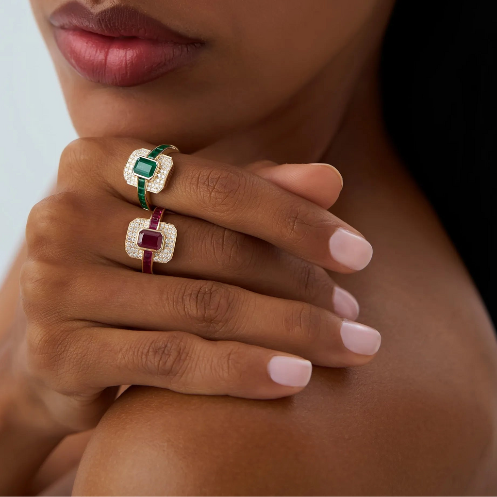 14k Gold Ruby and Diamond Emerald and Square Cut Art Deco Ring 2.80 ctw