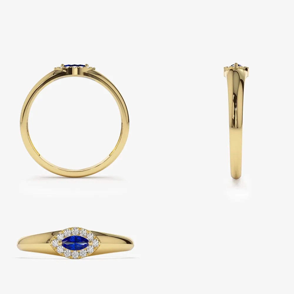 14k Gold Sapphire and Diamond Marquise and Round Cut Halo Ring 0.19 ctw