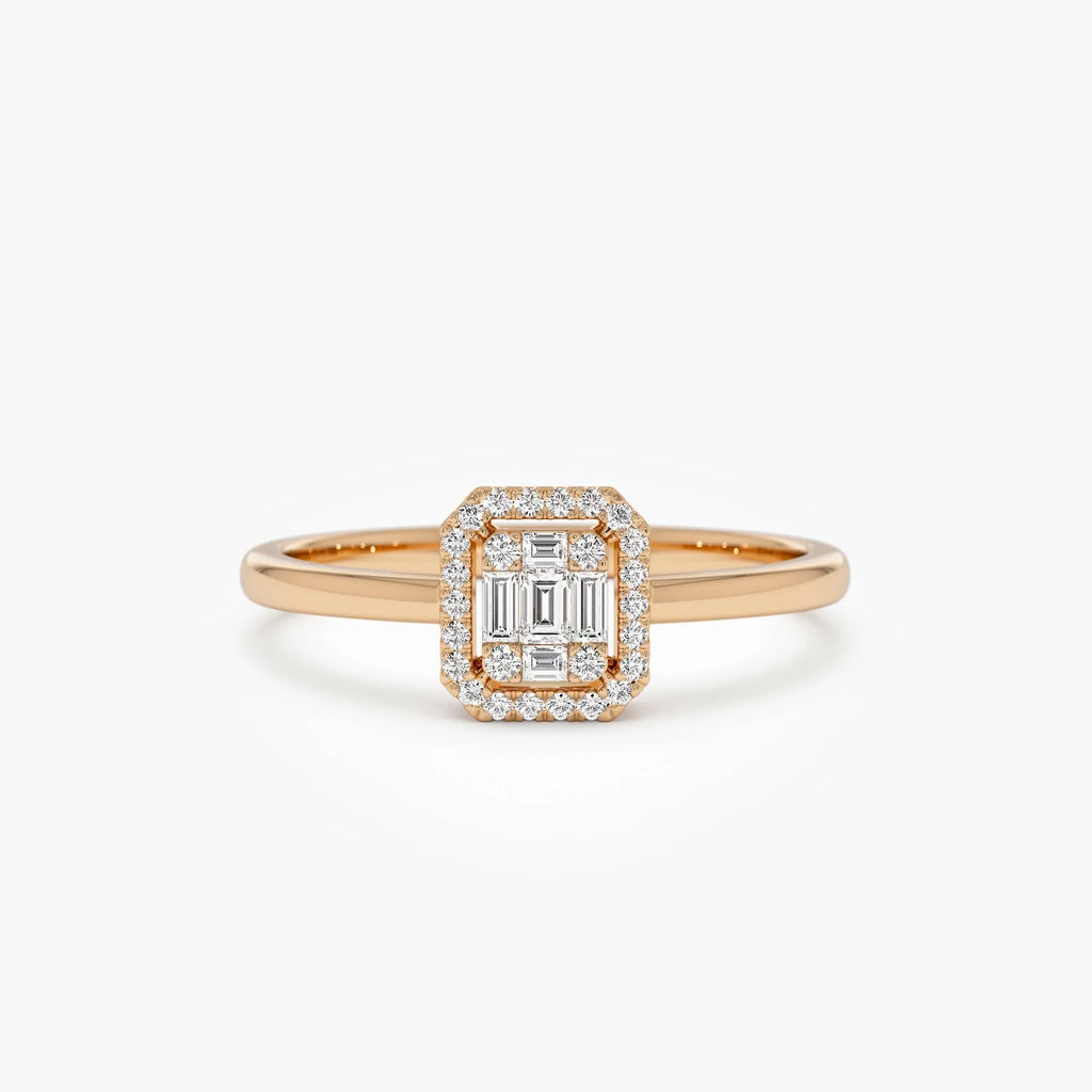14k Gold Rectangular Baguette and Round Diamond Halo Ring 0.25 ctw