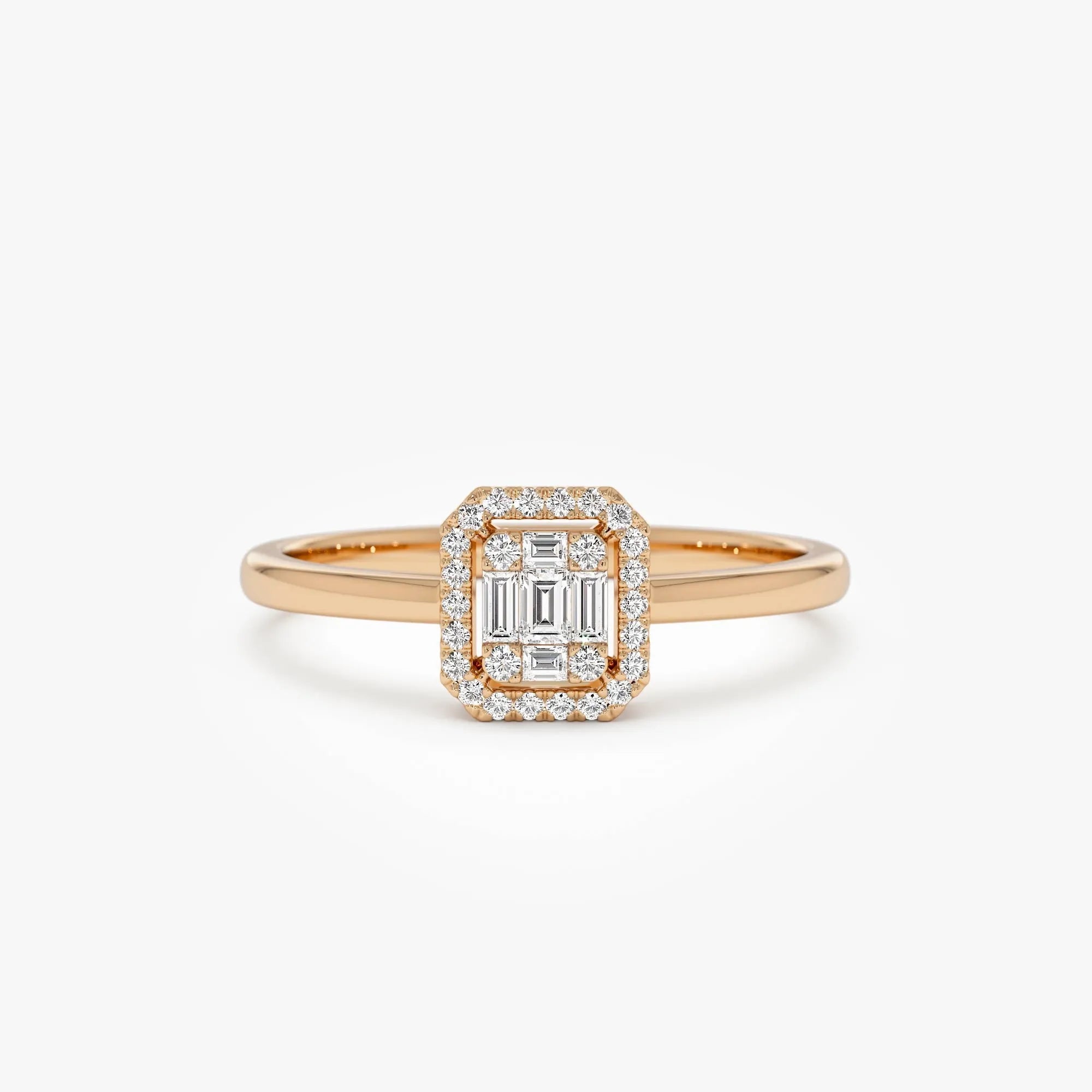 14k Gold Rectangular Baguette and Round Diamond Halo Ring 0.25 ctw