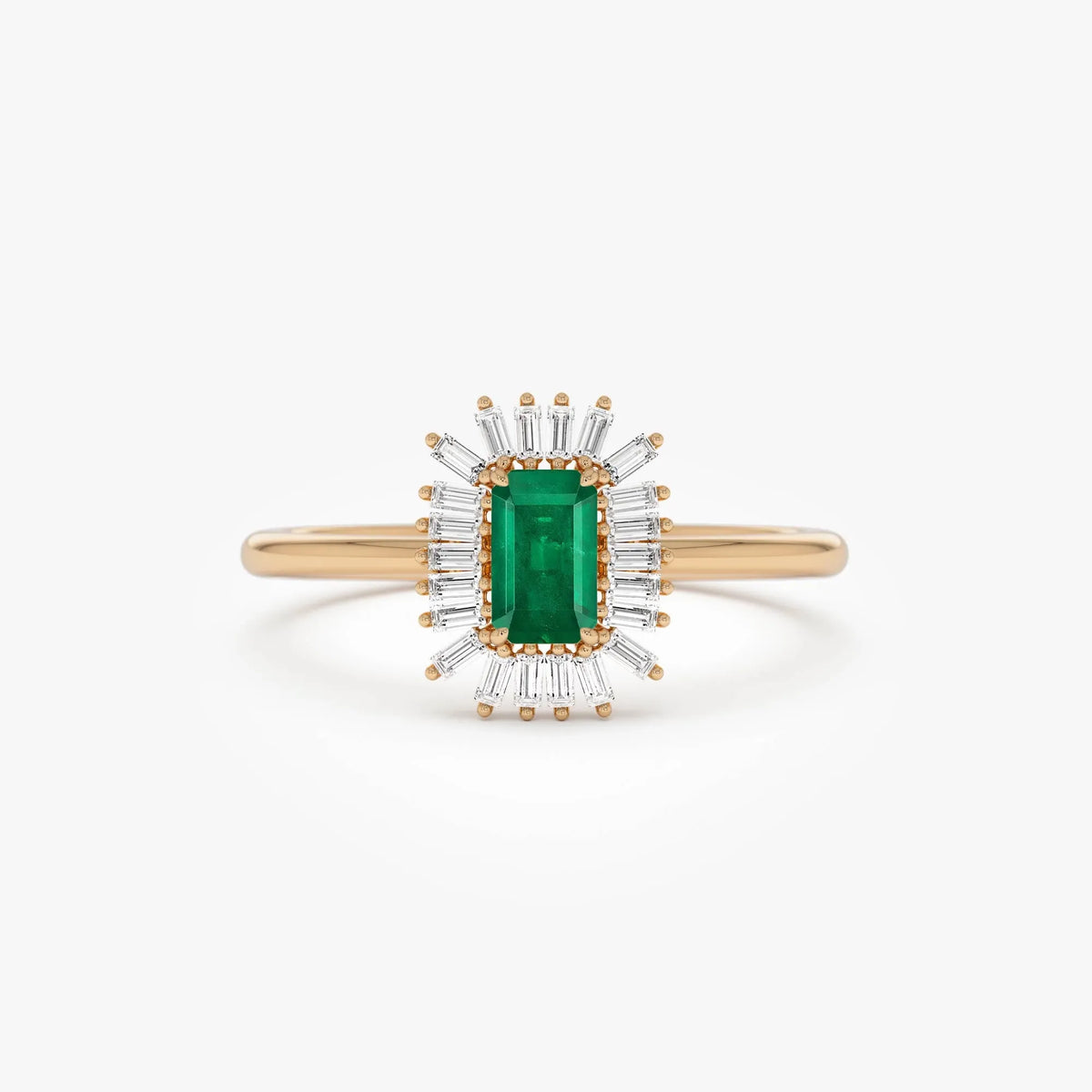 14K Gold Emerald Cut Octagon Emerald Baguette Diamond Halo Ring 0.47 CTW