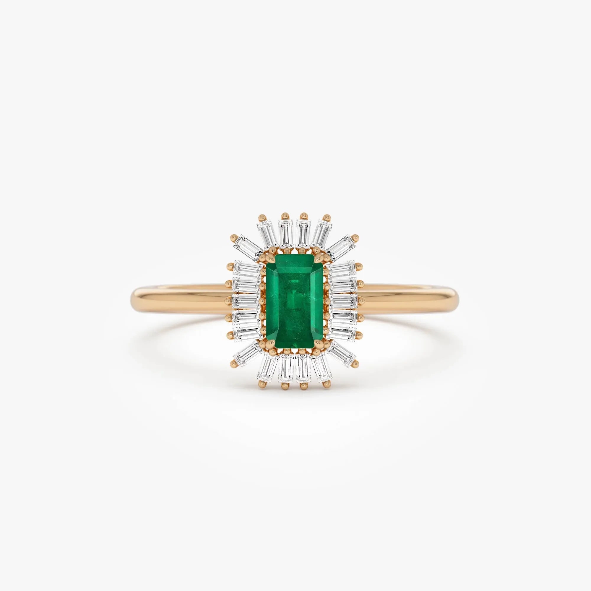 14K Gold Emerald Cut Octagon Emerald Baguette Diamond Halo Ring 0.47 CTW