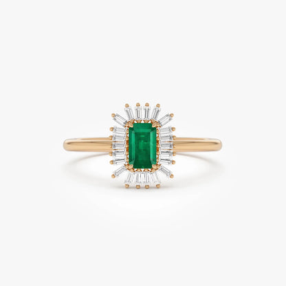 14K Gold Emerald Cut Octagon Emerald Baguette Diamond Halo Ring 0.47 CTW