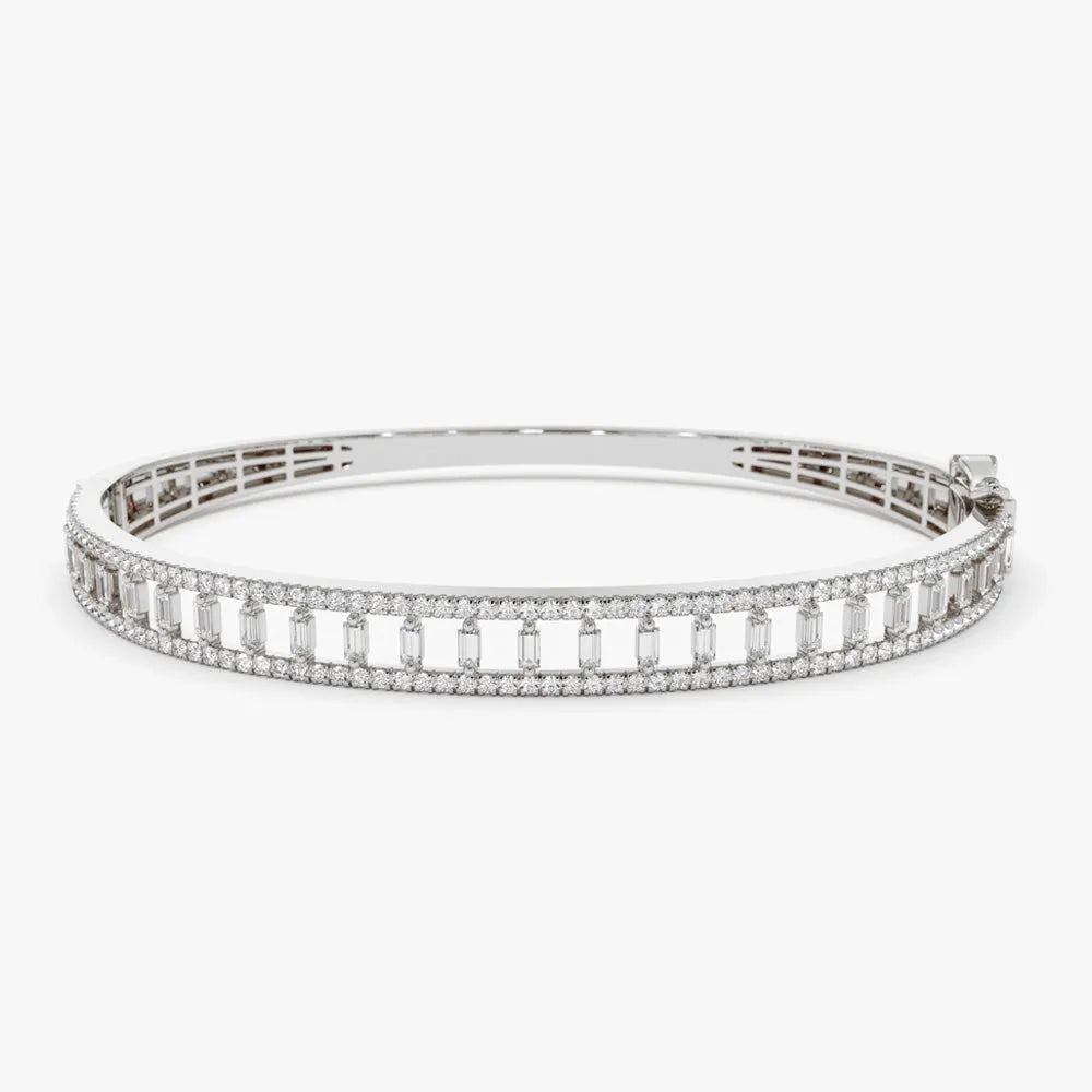 14K Solid Gold 1.33 CTW Baguette and Round Diamond Bangle