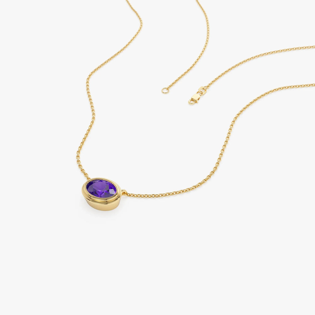 14k Solid Gold Amethyst Oval Necklace 0.75 Carat Bezel Setting