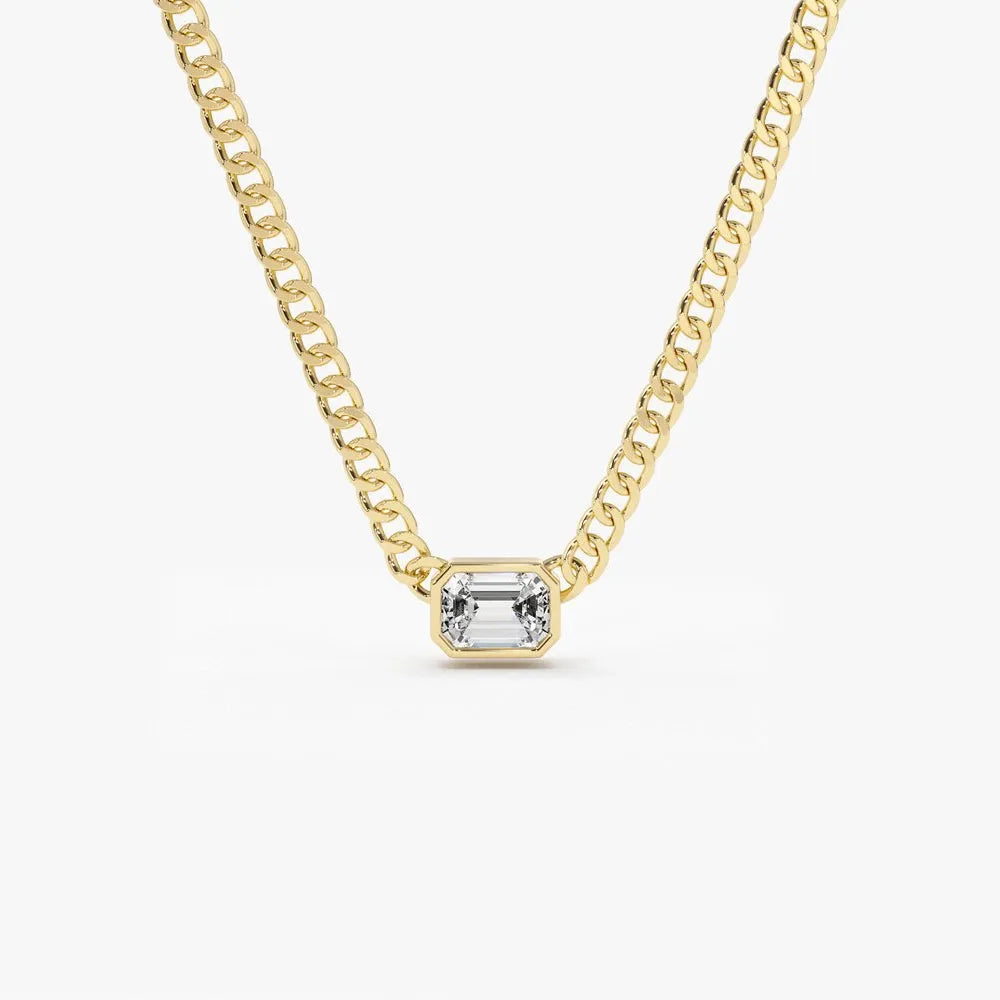 14K Solid Gold Emerald Cut Diamond Cuban Link Necklace Bezel Set 0.23ctw