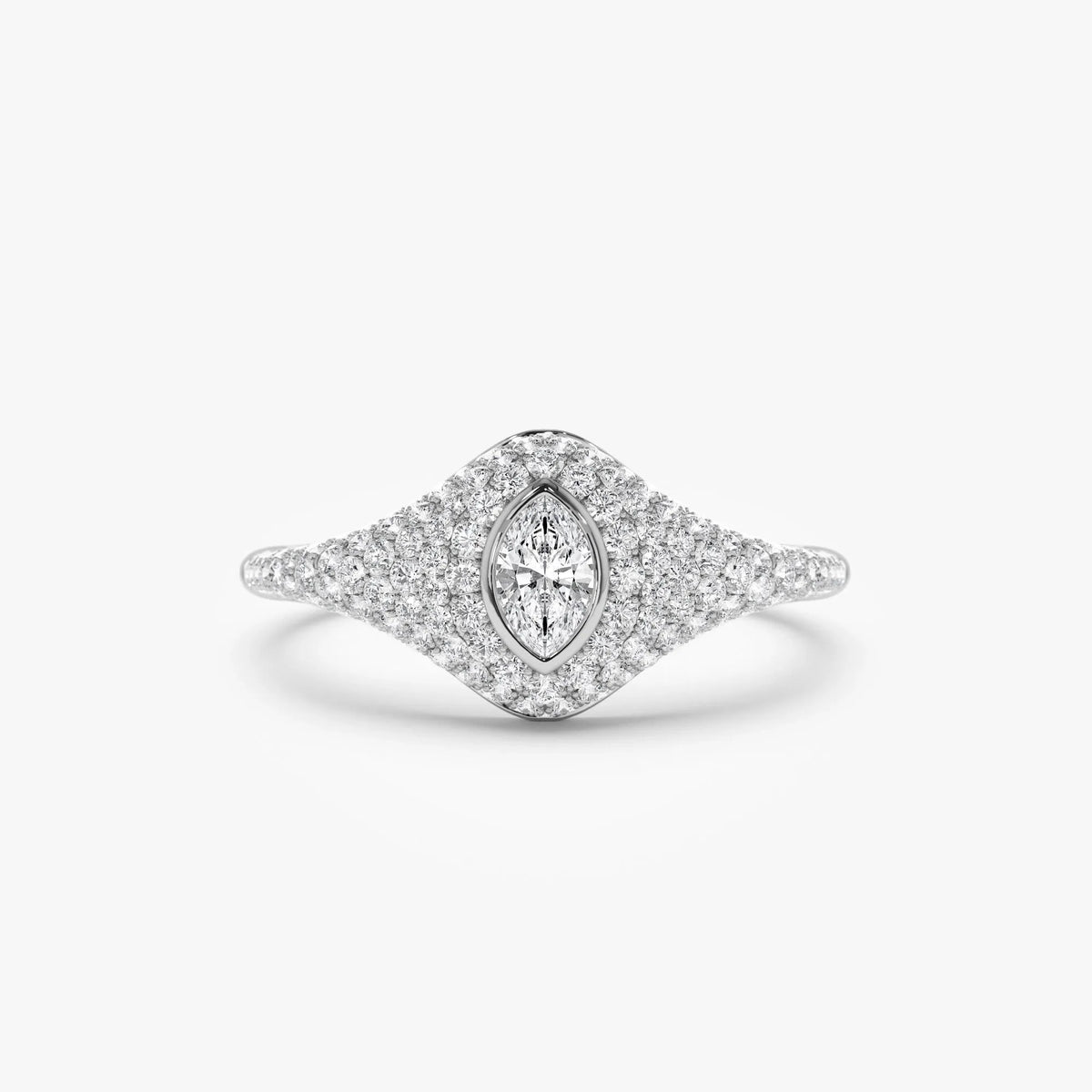 14k Solid Gold Marquise and Round Diamond 0.85 Carat Pave Setting Signet Ring