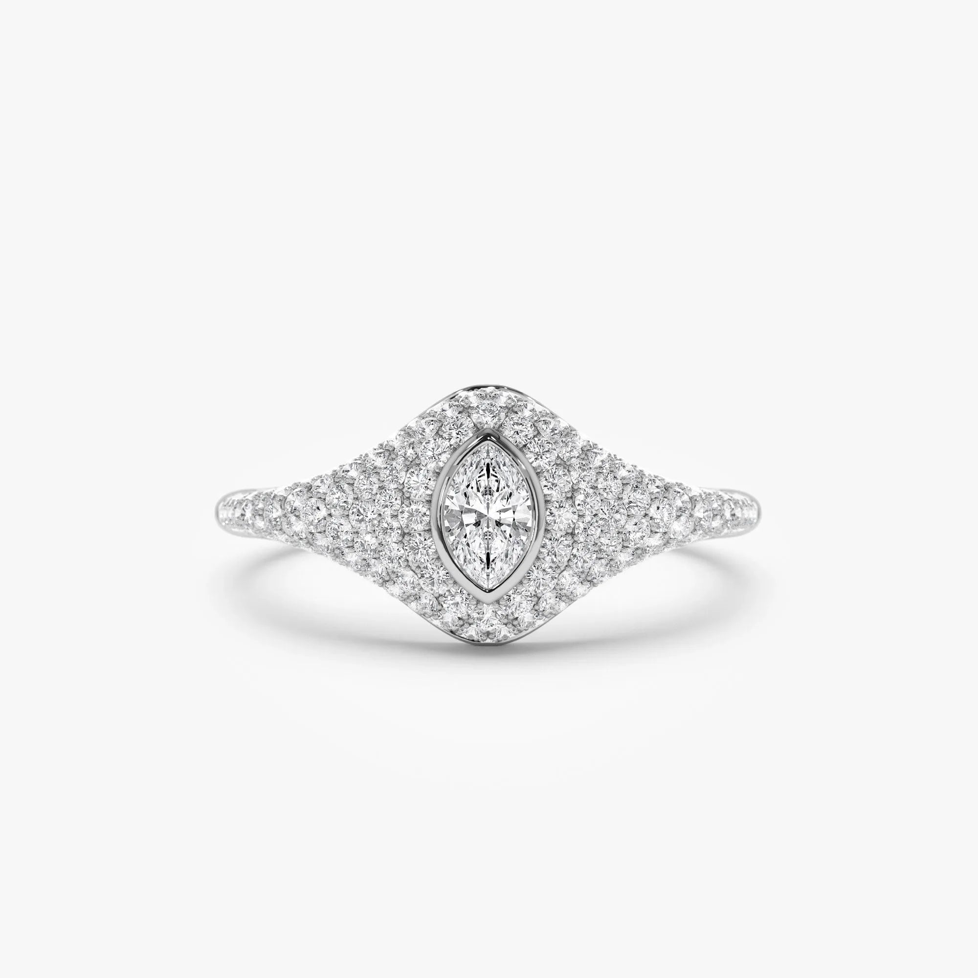14k Solid Gold Marquise and Round Diamond 0.85 Carat Pave Setting Signet Ring
