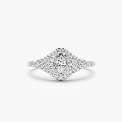 14k Solid Gold Marquise and Round Diamond 0.85 Carat Pave Setting Signet Ring