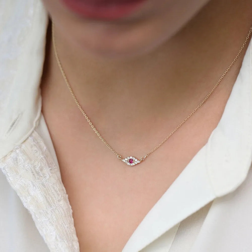 14k Solid Gold Ruby and Diamond Round Evil Eye Necklace 0.17 Carat Micro Pave Setting