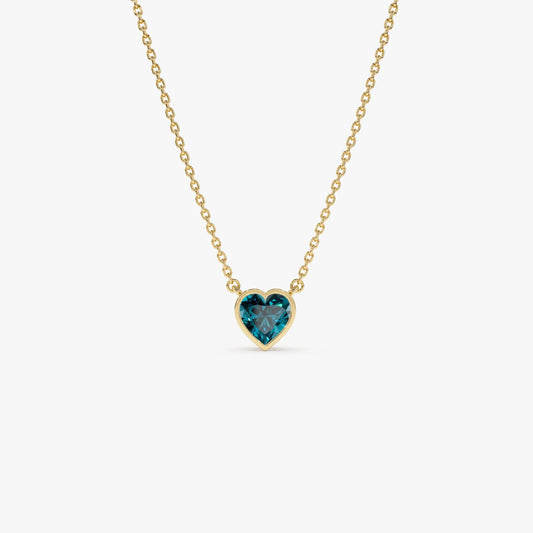 14k Solid Gold London Blue Topaz Heart Shaped Layering Necklace 0.55 Carat