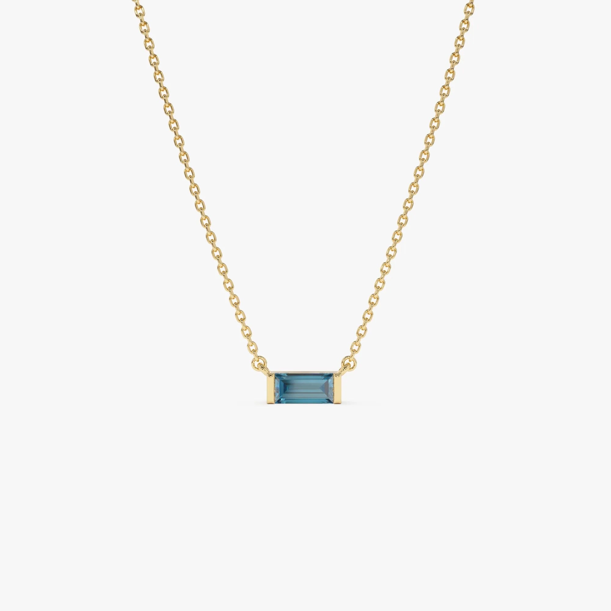 14k Solid Gold London Blue Topaz Baguette Birthstone Necklace 0.45 Carat