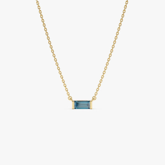 14k Solid Gold London Blue Topaz Baguette Birthstone Necklace 0.45 Carat