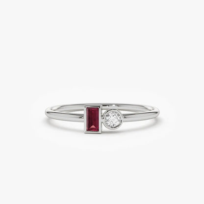 14k Gold Ruby and Diamond Baguette and Round Cut Minimalist Bezel Setting Ring 0.13 ctw