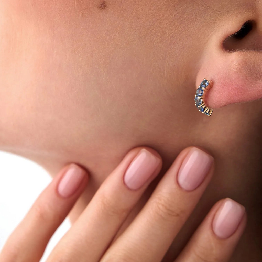14K Solid Gold Round London Blue Topaz Prong Set Half Hoop Earrings 1.50ctw