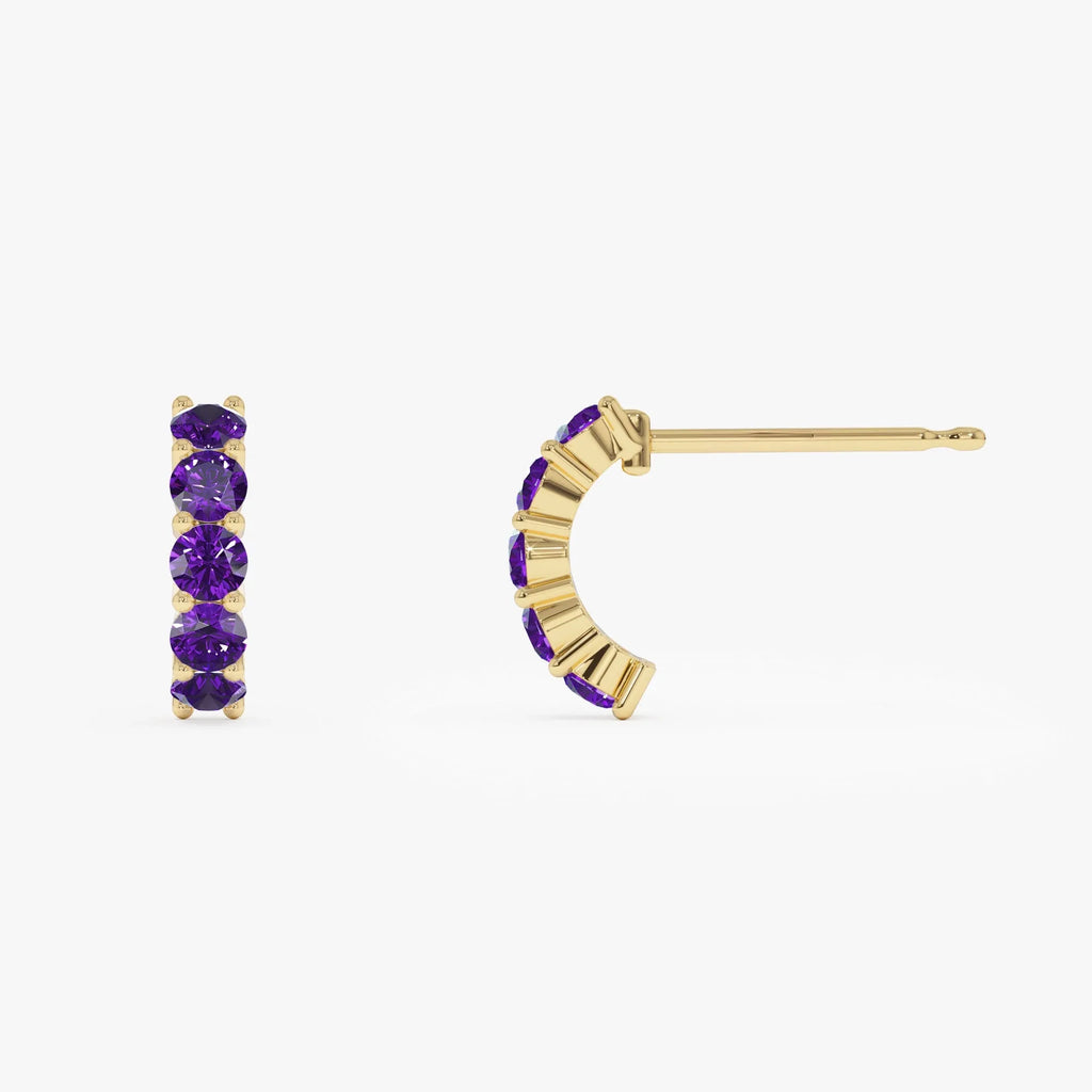 14K Solid Gold Round Amethyst Prong Set Half Hoop Earrings 1.00ctw