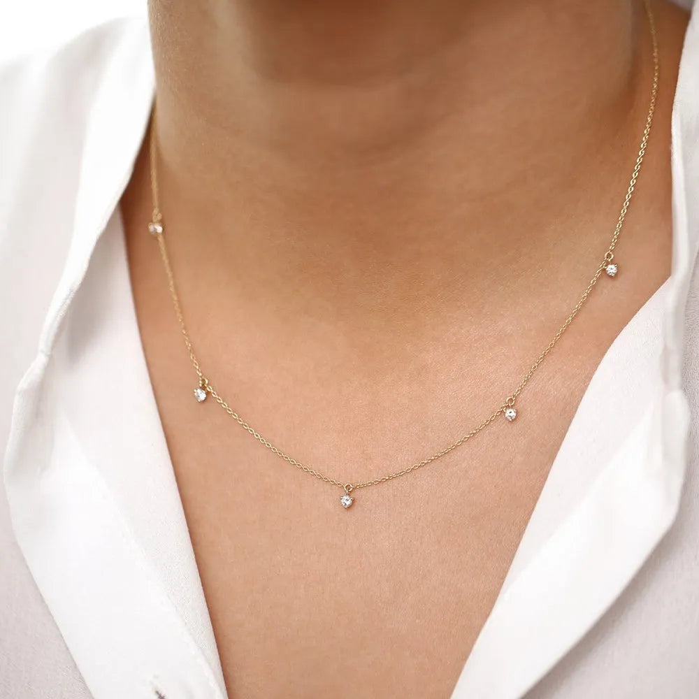 14K Solid Gold Round Diamond 5 Stone Dangling Necklace Prong Setting 0.35ctw