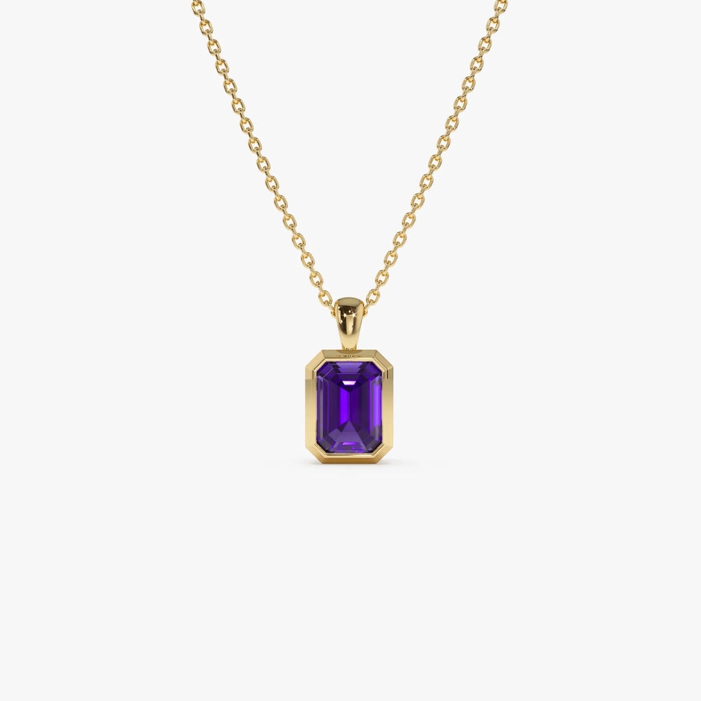 14k Solid Gold Amethyst Emerald Cut Vertical Pendant 1.00 Carat Bezel Setting