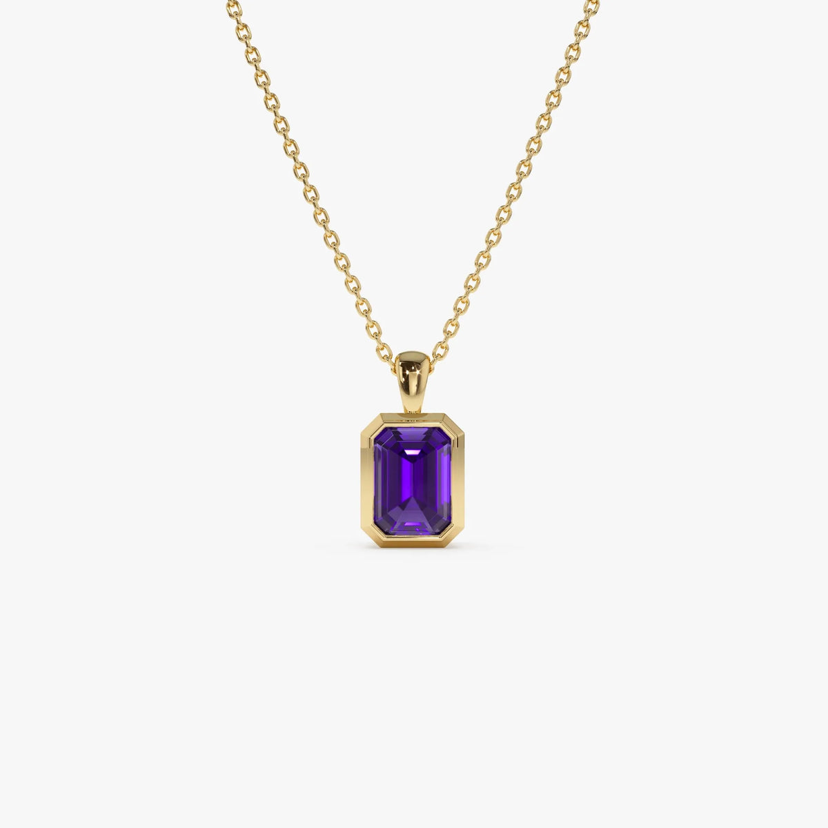 14k Solid Gold Amethyst Emerald Cut Vertical Pendant 1.00 Carat Bezel Setting