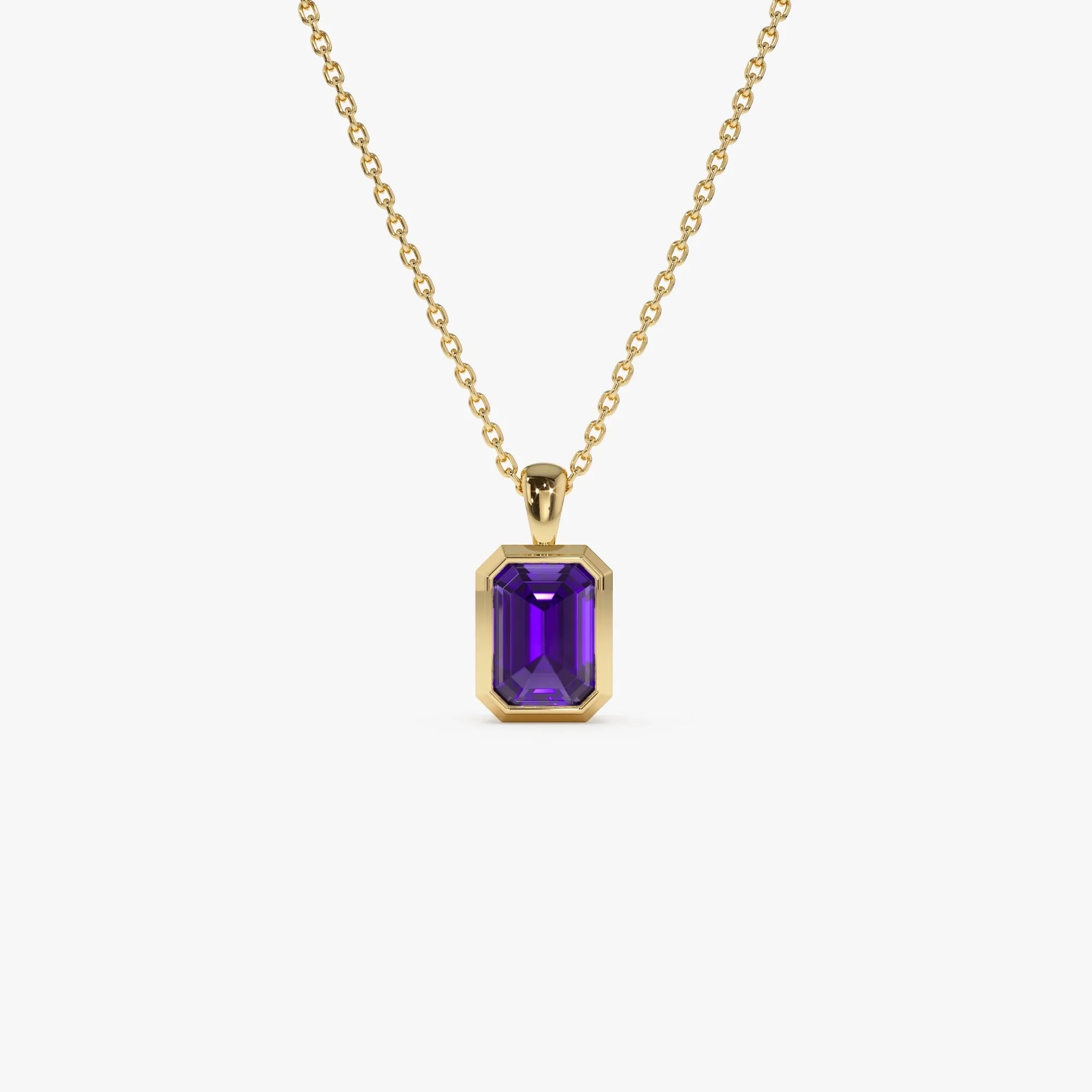 14k Solid Gold Amethyst Emerald Cut Vertical Pendant 1.00 Carat Bezel Setting