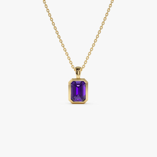 14k Solid Gold Amethyst Emerald Cut Vertical Pendant 1.00 Carat Bezel Setting