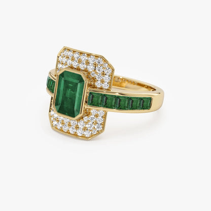 14K Gold Emerald Cut and Square Emerald Round Diamond Art Deco Ring 2.30 CTW