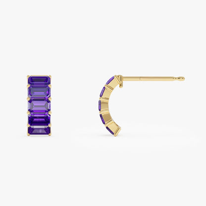 14K Solid Gold Octagon Cut Amethyst Half Hoop Earrings 2.80ctw