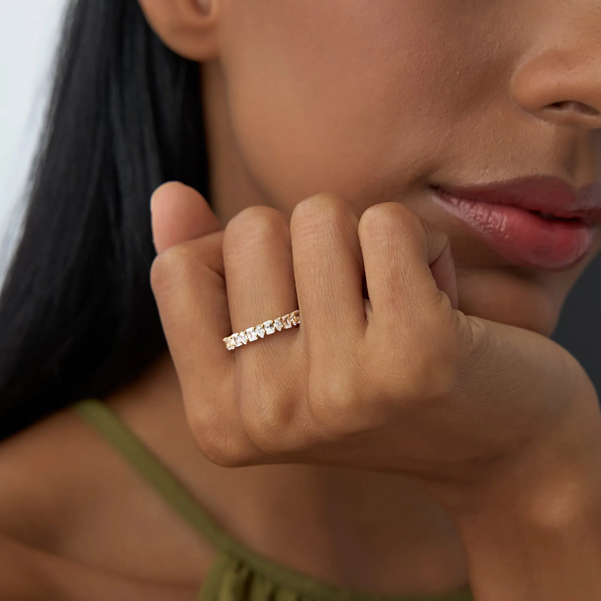 14K Solid Gold Emerald and Pear Cut Diamond 0.98 Carat Ring
