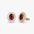 14k Solid Gold Oval Ruby and Baguette Diamond Ballerina Stud Earrings 1.70 ctw