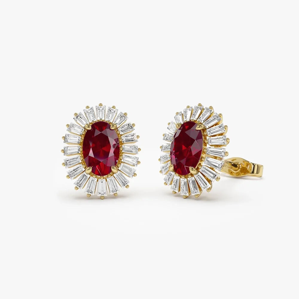 14k Solid Gold Oval Ruby and Baguette Diamond Ballerina Stud Earrings 1.70 ctw