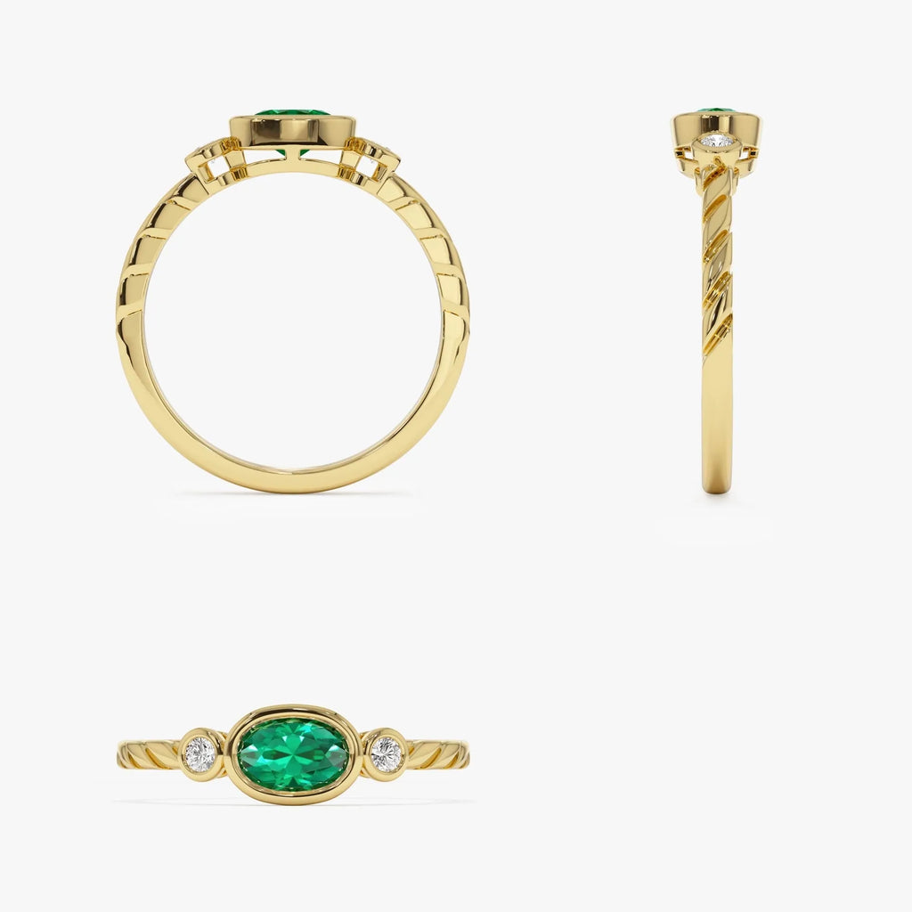 14K Gold Oval Emerald Round Diamond Three Stone Ring 0.57 CTW Custom Jewelry