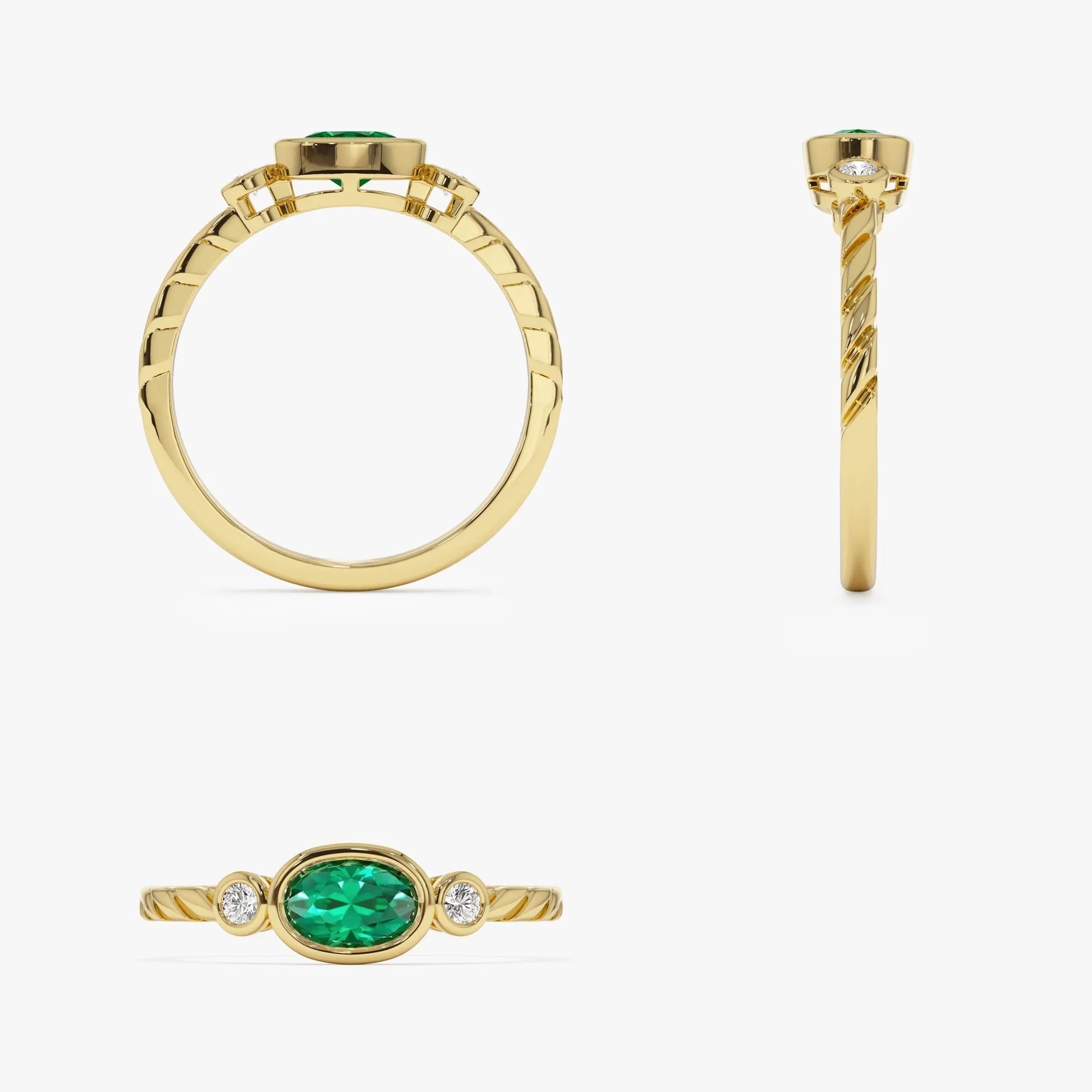 14K Gold Oval Emerald Round Diamond Three Stone Ring 0.57 CTW Custom Jewelry