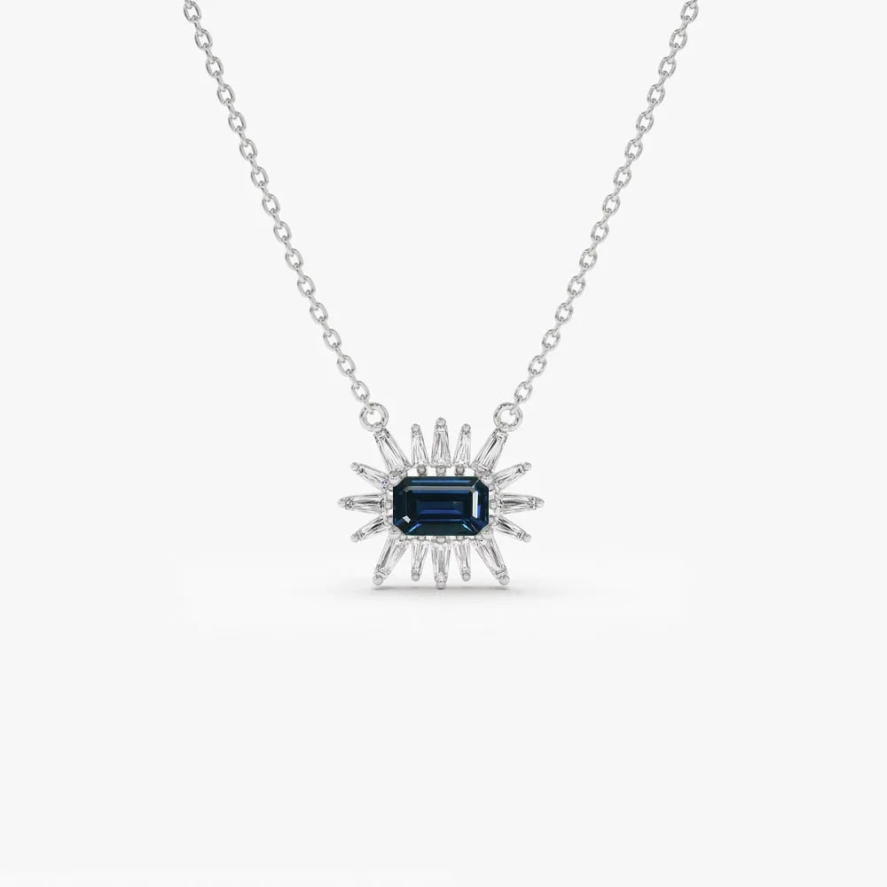 14k Solid Gold Sapphire and Diamond Emerald Cut Tapered Baguette Necklace 0.65 Carat