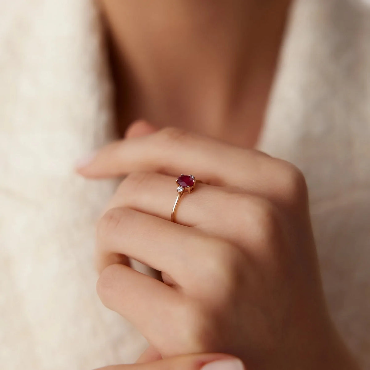 14k Gold Ruby and Diamond Oval and Round Cut Three Stone Ring 0.77 ctw