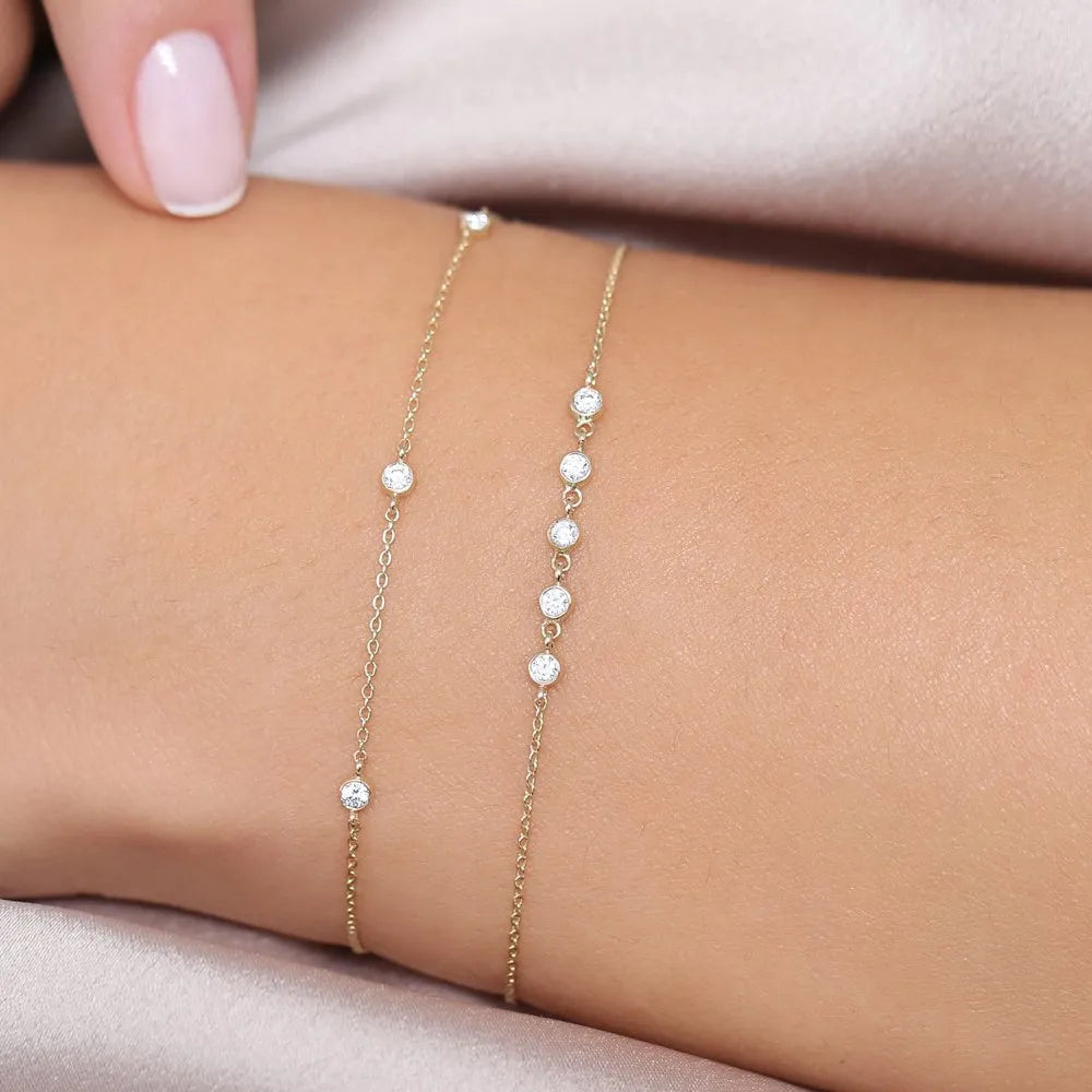 14K Solid Gold Round Diamond 5 Stone by the Yard Bracelet Bezel Setting 0.20 Carat
